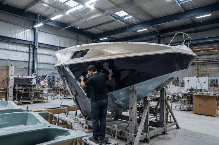 Coque de bateau en cours de finition dans un atelier de construction nautique